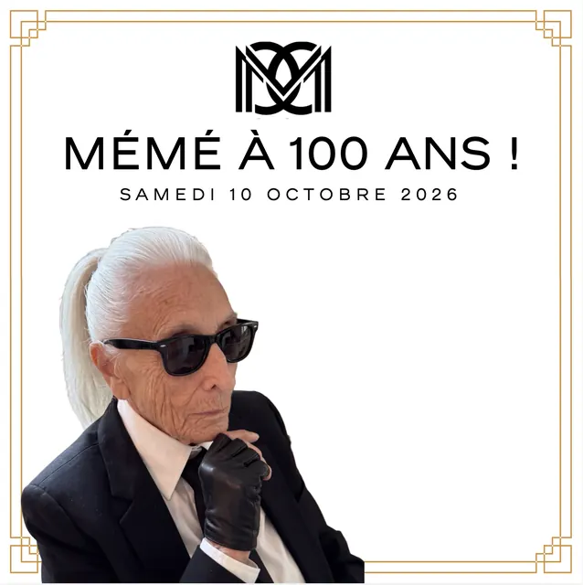 Invito alla festa: «Mémé à 100 ans !», con il ritratto di Mémé con gli occhiali da sole